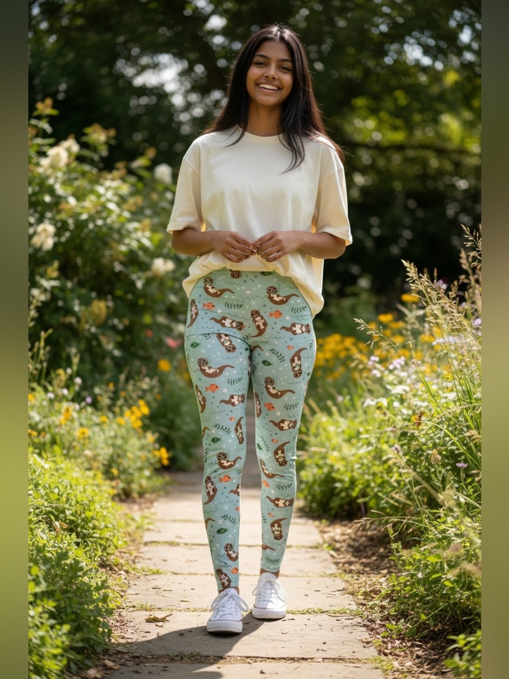 SOCIETY6 Women’s Multicolored Sea Otter Graphic Leggings Yoga Workout Pants Lg